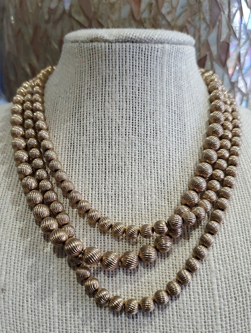 Sarah Coventry Triple-Strand Ribbed Gold Tone Bead Necklace Convertible Remove